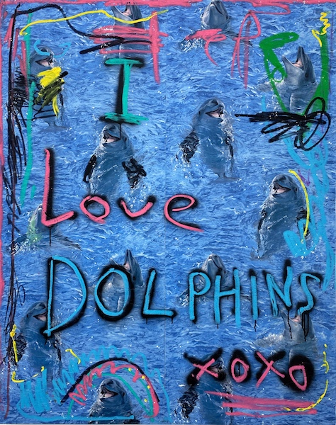 Mateusz von Motz: Love Dolphins I, 2021, oil, wallpaper, wood, 132 x 106 cm

